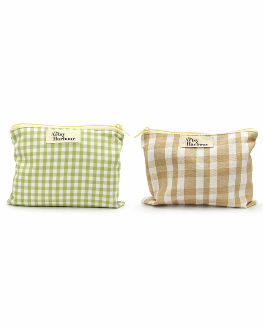 Green & Beige Checkmate Pouch (set of 2)