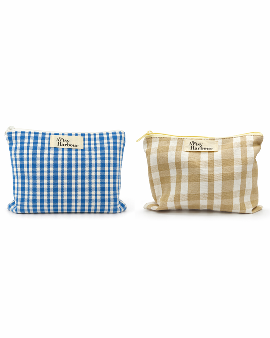 Blue & Beige Checkmate Pouch (set of 2)