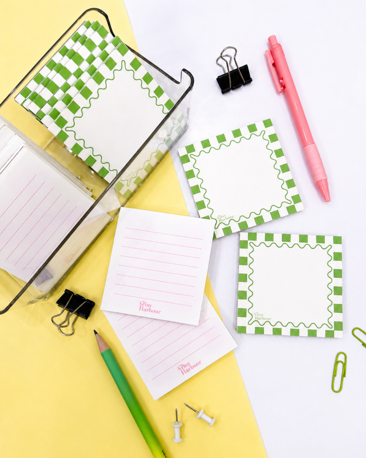 Pink Aura & Green Checker Notepad Set of 2