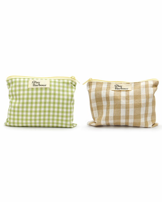 Green & Beige Checkmate Pouch (set of 2)