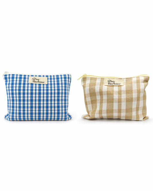Blue & Beige Checkmate Pouch (set of 2)